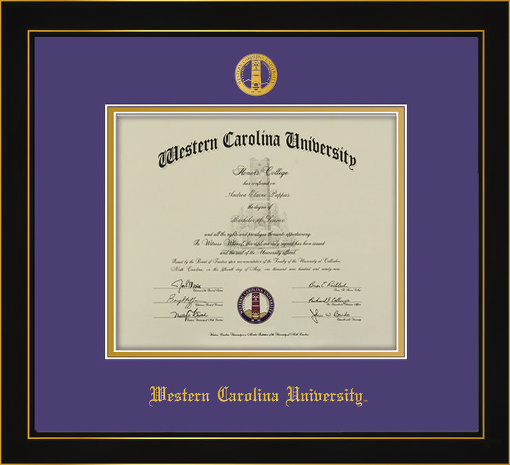 Image of Western Carolina University Diploma Frame - Honors Black Satin - w/Embossed Seal & Name - Purple on Gold mats
