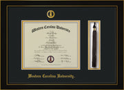 Image of Western Carolina University Diploma Frame - Honors Black Satin - w/Embossed Seal & Name - Tassel Holder - Black on Gold mats
