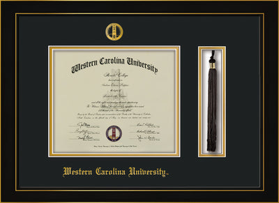 Image of Western Carolina University Diploma Frame - Honors Black Satin - w/Embossed Seal & Name - Tassel Holder - Black on Gold mats