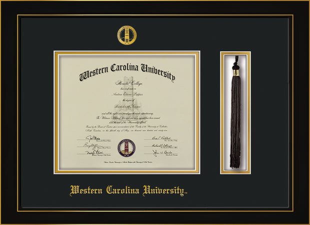 Image of Western Carolina University Diploma Frame - Honors Black Satin - w/Embossed Seal & Name - Tassel Holder - Black on Gold mats
