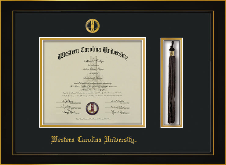 Image of Western Carolina University Diploma Frame - Honors Black Satin - w/Embossed Seal & Name - Tassel Holder - Black on Gold mats