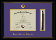 Image of Western Carolina University Diploma Frame - Honors Black Satin - w/Embossed Seal & Name - Tassel Holder - Purple on Gold mats
