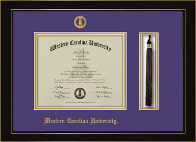 Image of Western Carolina University Diploma Frame - Honors Black Satin - w/Embossed Seal & Name - Tassel Holder - Purple on Gold mats
