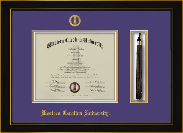 Image of Western Carolina University Diploma Frame - Honors Black Satin - w/Embossed Seal & Name - Tassel Holder - Purple on Gold mats