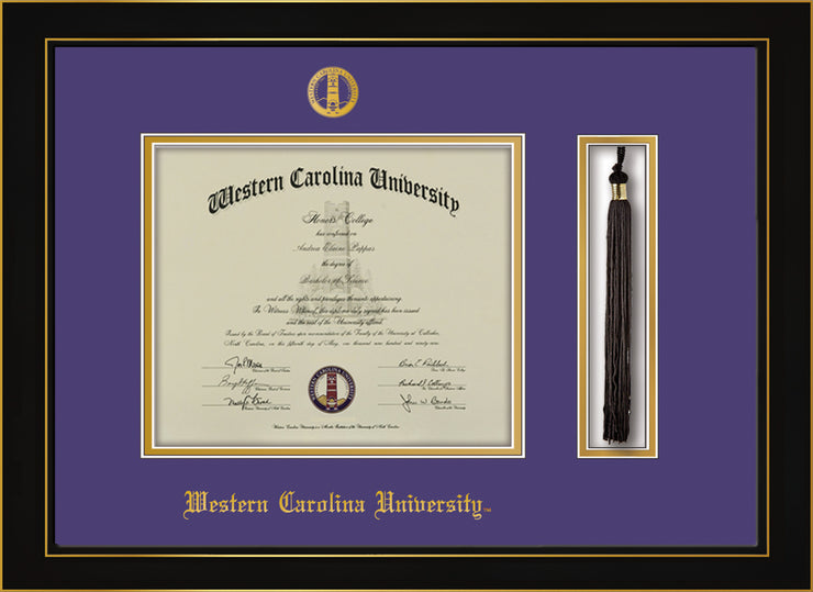 Image of Western Carolina University Diploma Frame - Honors Black Satin - w/Embossed Seal & Name - Tassel Holder - Purple on Gold mats