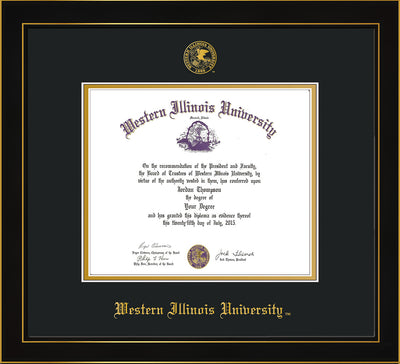 Image of Western Illinois University Diploma Frame - Honors Black Satin - w/Embossed Seal & Name - Black on Gold mats