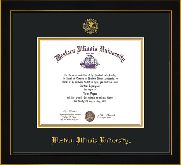 Image of Western Illinois University Diploma Frame - Honors Black Satin - w/Embossed Seal & Name - Black on Gold mats