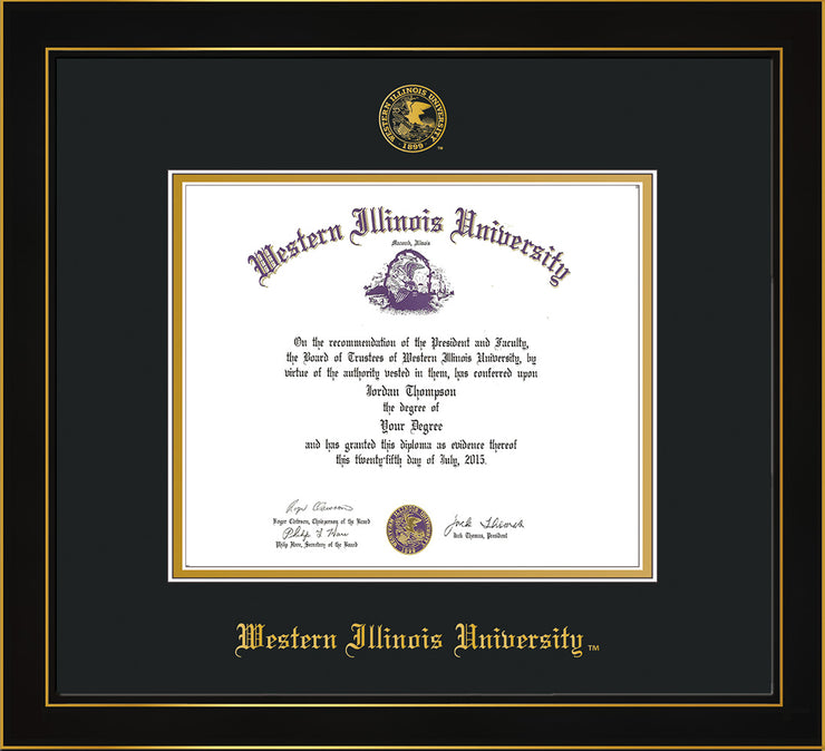 Image of Western Illinois University Diploma Frame - Honors Black Satin - w/Embossed Seal & Name - Black on Gold mats