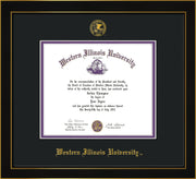 Image of Western Illinois University Diploma Frame - Honors Black Satin - w/Embossed Seal & Name - Black on Purple mats