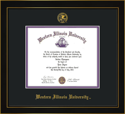 Image of Western Illinois University Diploma Frame - Honors Black Satin - w/Embossed Seal & Name - Black on Purple mats