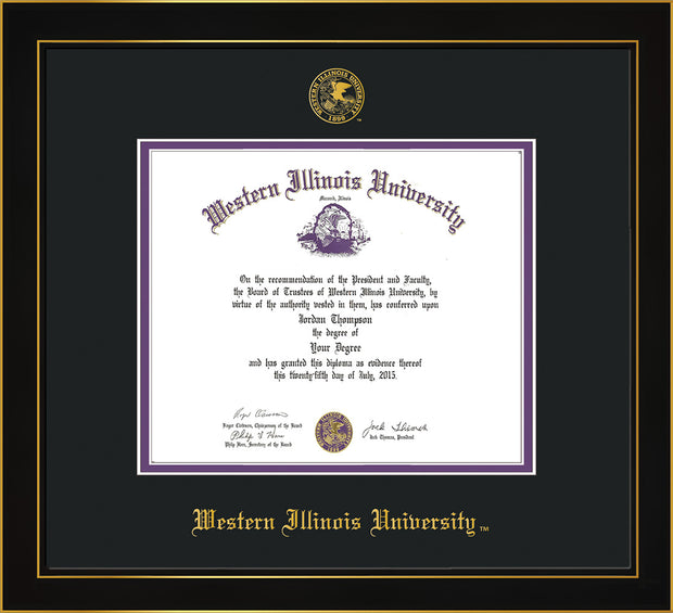 Image of Western Illinois University Diploma Frame - Honors Black Satin - w/Embossed Seal & Name - Black on Purple mats