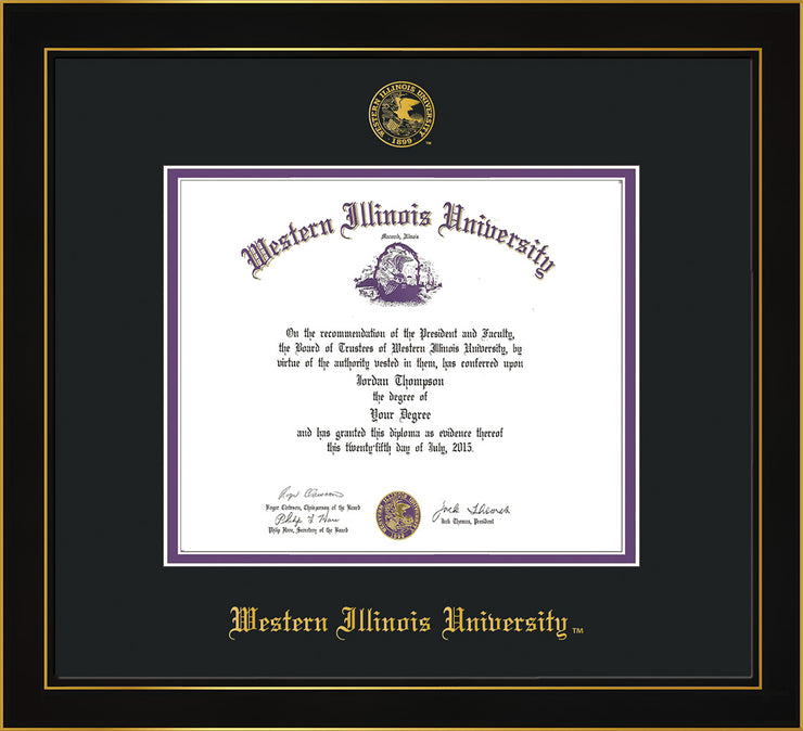 Image of Western Illinois University Diploma Frame - Honors Black Satin - w/Embossed Seal & Name - Black on Purple mats
