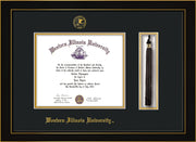 Image of Western Illinois University Diploma Frame - Honors Black Satin - w/Embossed Seal & Name - Tassel Holder - Black on Gold mats