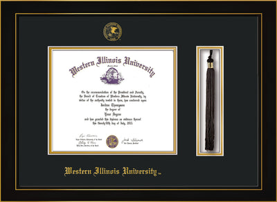 Image of Western Illinois University Diploma Frame - Honors Black Satin - w/Embossed Seal & Name - Tassel Holder - Black on Gold mats