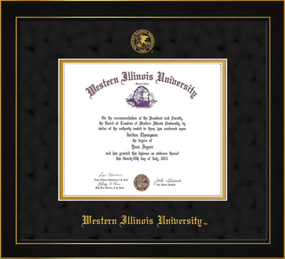 Image of Western Illinois University Diploma Frame - Honors Black Satin - w/Embossed Seal & Name - Black Suede on Gold mats