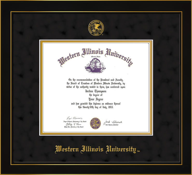 Image of Western Illinois University Diploma Frame - Honors Black Satin - w/Embossed Seal & Name - Black Suede on Gold mats