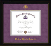 Image of Western Illinois University Diploma Frame - Honors Black Satin - w/Embossed Seal & Name - Purple Suede on Gold mats