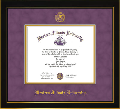 Image of Western Illinois University Diploma Frame - Honors Black Satin - w/Embossed Seal & Name - Purple Suede on Gold mats