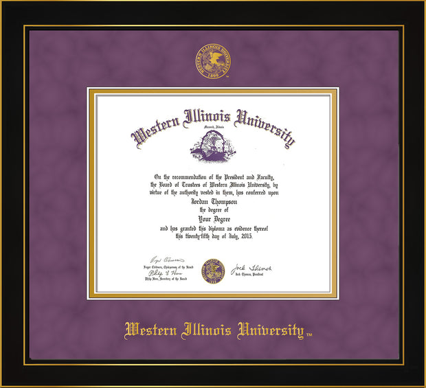 Image of Western Illinois University Diploma Frame - Honors Black Satin - w/Embossed Seal & Name - Purple Suede on Gold mats