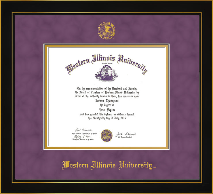 Image of Western Illinois University Diploma Frame - Honors Black Satin - w/Embossed Seal & Name - Purple Suede on Gold mats
