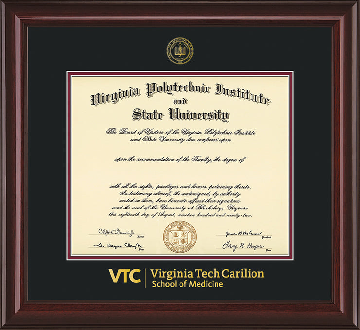 Image of Virginia Tech Diploma Frame - Mahogany Lacquer - w/Embossed VT Carilion School of Medicine Seal & Wordmark - Black on Maroon mat