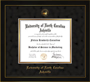 Image of University of North Carolina Asheville Diploma Frame - Honors Black Satin - w/Embossed UNCA Seal & Name - Black Suede on Gold mat