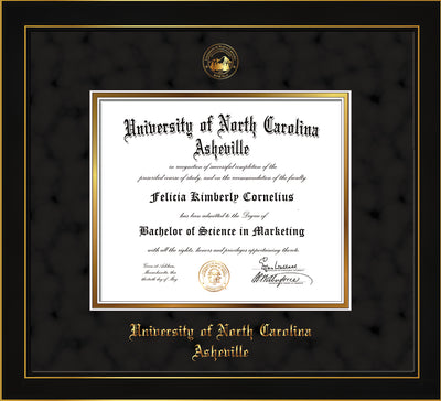 Image of University of North Carolina Asheville Diploma Frame - Honors Black Satin - w/Embossed UNCA Seal & Name - Black Suede on Gold mat