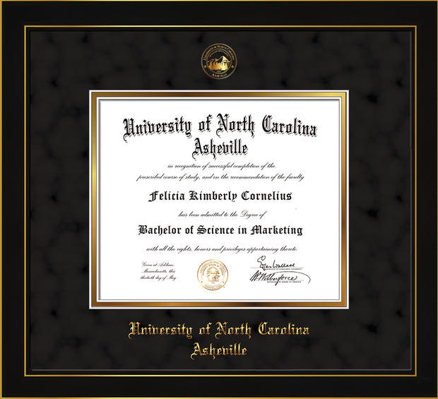 Image of University of North Carolina Asheville Diploma Frame - Honors Black Satin - w/Embossed UNCA Seal & Name - Black Suede on Gold mat