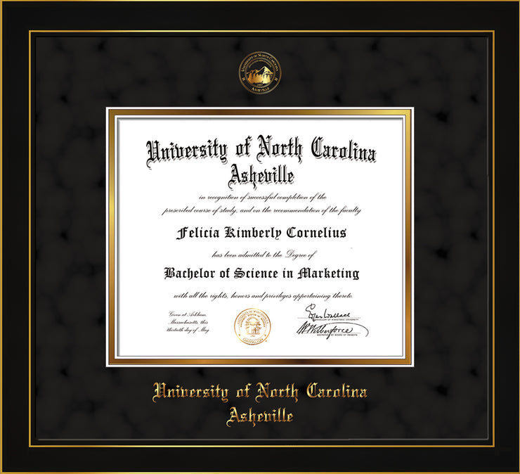Image of University of North Carolina Asheville Diploma Frame - Honors Black Satin - w/Embossed UNCA Seal & Name - Black Suede on Gold mat