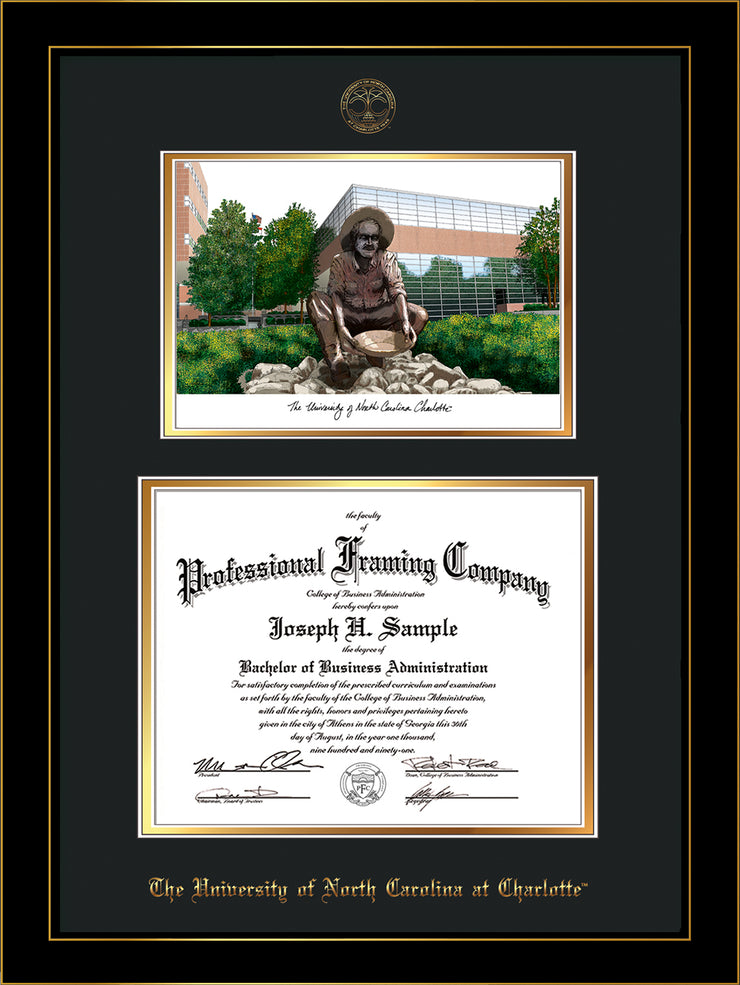Image of University of North Carolina Charlotte Diploma Frame - Honors Black Satin - w/Official Embossing of UNCC Seal & Name - Watercolor - Black on Gold