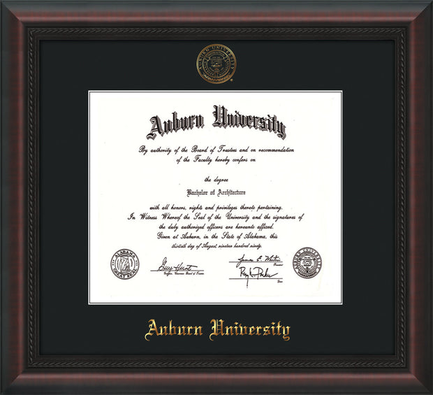 Image of Auburn University Diploma Frame - Mahogany Braid - w/Embossed Seal & Name - Single Black Mat
