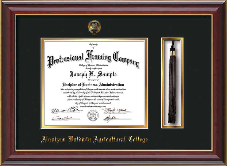 Image of Abraham Baldwin Agricultural College Diploma Frame - Cherry Lacquer - w/Embossed ABAC Seal & Name - Tassel Holder - Black on Gold mat