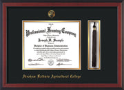 Image of Abraham Baldwin Agricultural College Diploma Frame - Cherry Reverse - w/Embossed ABAC Seal & Name - Tassel Holder - Black on Gold mat