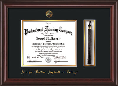 Image of Abraham Baldwin Agricultural College Diploma Frame - Mahogany Lacquer - w/Embossed ABAC Seal & Name - Tassel Holder - Black on Gold mat