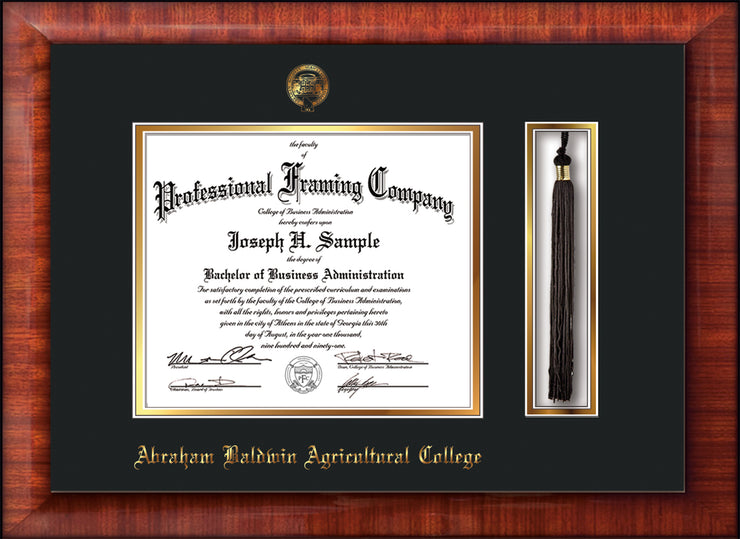 Image of Abraham Baldwin Agricultural College Diploma Frame - Mezzo Gloss - w/Embossed ABAC Seal & Name - Tassel Holder - Black on Gold mat