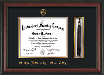 Image of Abraham Baldwin Agricultural College Diploma Frame - Rosewood - w/Embossed ABAC Seal & Name - Tassel Holder - Black on Gold mat