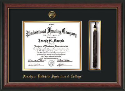 Image of Abraham Baldwin Agricultural College Diploma Frame - Rosewood with Gold Lip - w/Embossed ABAC Seal & Name - Tassel Holder - Black on Gold mat