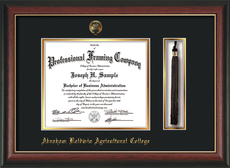 Image of Abraham Baldwin Agricultural College Diploma Frame - Rosewood with Gold Lip - w/Embossed ABAC Seal & Name - Tassel Holder - Black on Gold mat