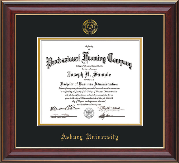 Image of Asbury University Diploma Frame - Cherry Lacquer - w/Embossed Asbury Seal & Name - Black on Gold mat
