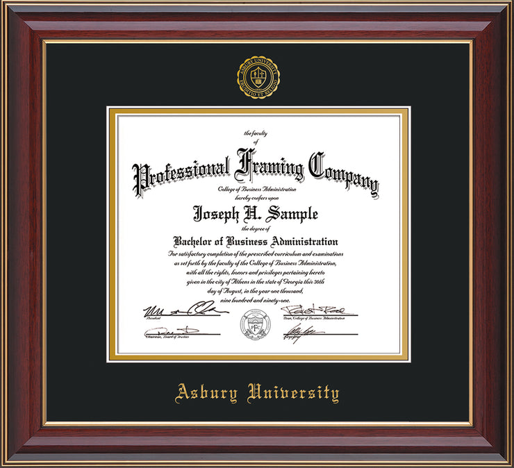 Image of Asbury University Diploma Frame - Cherry Lacquer - w/Embossed Asbury Seal & Name - Black on Gold mat