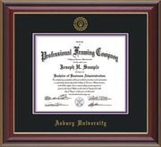 Image of Asbury University Diploma Frame - Cherry Lacquer - w/Embossed Asbury Seal & Name - Black on Purple mat