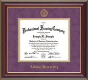 Image of Asbury University Diploma Frame - Cherry Lacquer - w/Embossed Asbury Seal & Name - Purple Suede on Gold mat