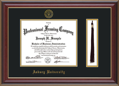 Image of Asbury University Diploma Frame - Cherry Lacquer - w/Embossed Asbury Seal & Name - Tassel Holder - Black on Gold mat