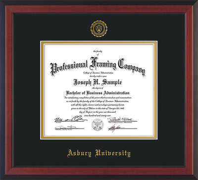 Image of Asbury University Diploma Frame - Cherry Reverse - w/Embossed Asbury Seal & Name - Black on Gold mat