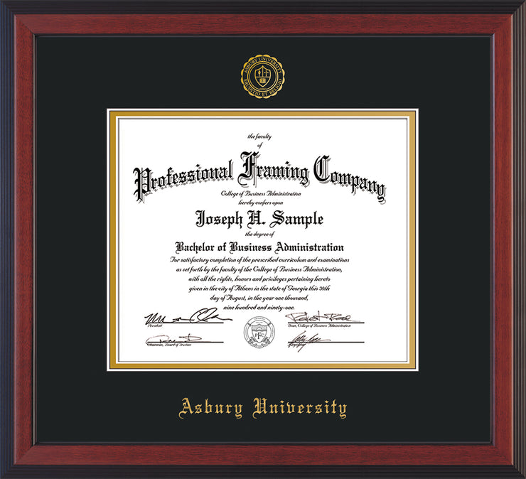 Image of Asbury University Diploma Frame - Cherry Reverse - w/Embossed Asbury Seal & Name - Black on Gold mat