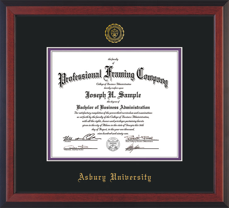 Image of Asbury University Diploma Frame - Cherry Reverse - w/Embossed Asbury Seal & Name - Black on Purple mat