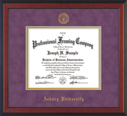 Image of Asbury University Diploma Frame - Cherry Reverse - w/Embossed Asbury Seal & Name - Purple Suede on Gold mat