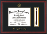 Image of Asbury University Diploma Frame - Cherry Reverse - w/Embossed Asbury Seal & Name - Tassel Holder - Black on Gold mat