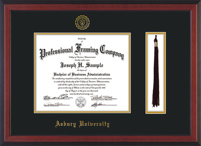 Image of Asbury University Diploma Frame - Cherry Reverse - w/Embossed Asbury Seal & Name - Tassel Holder - Black on Gold mat
