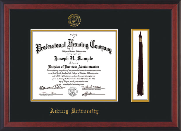 Image of Asbury University Diploma Frame - Cherry Reverse - w/Embossed Asbury Seal & Name - Tassel Holder - Black on Gold mat
